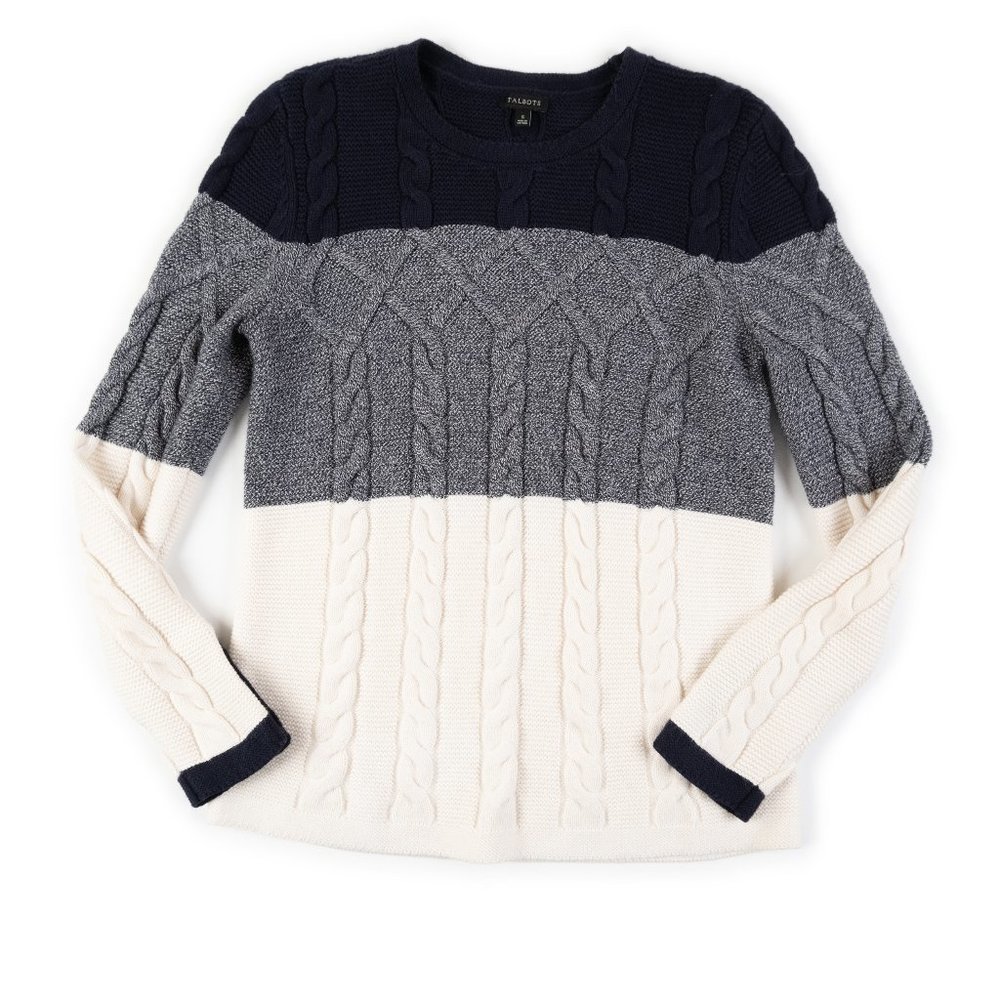 Talbots Navy and Gray Cable Knit Sweater